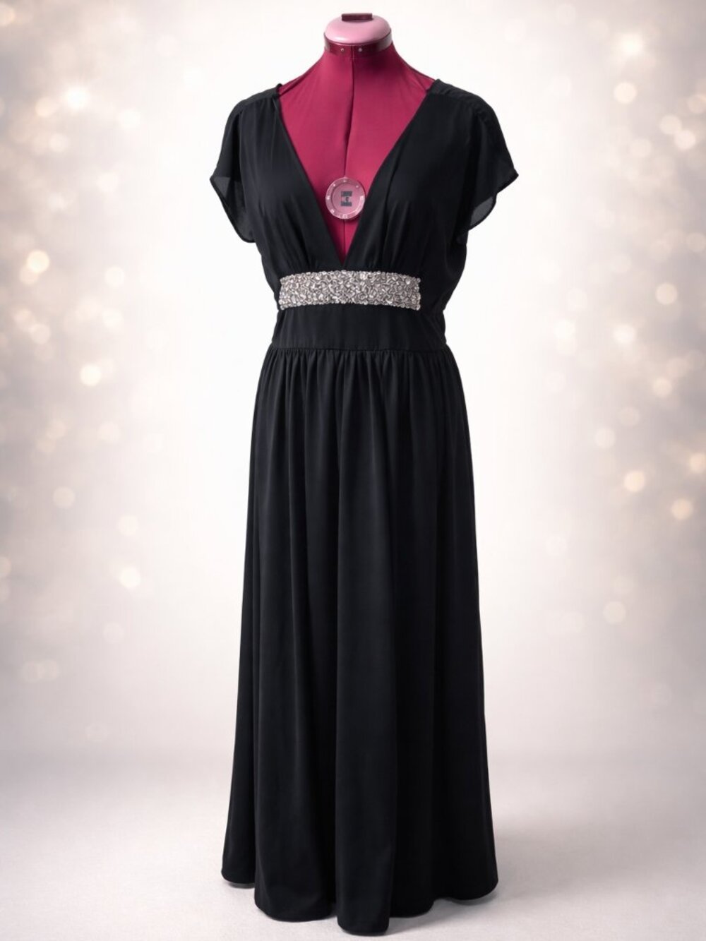 Elegant Black Sheer Maxi Dress | Rhinestone Waist | 1XL (Approx.)